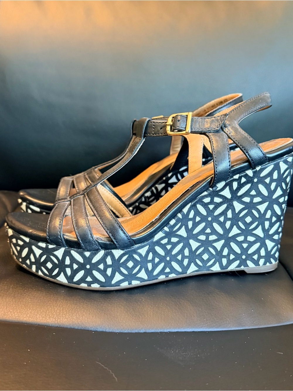Clarks Black Leather Wedge Sandals with Patterned Platform